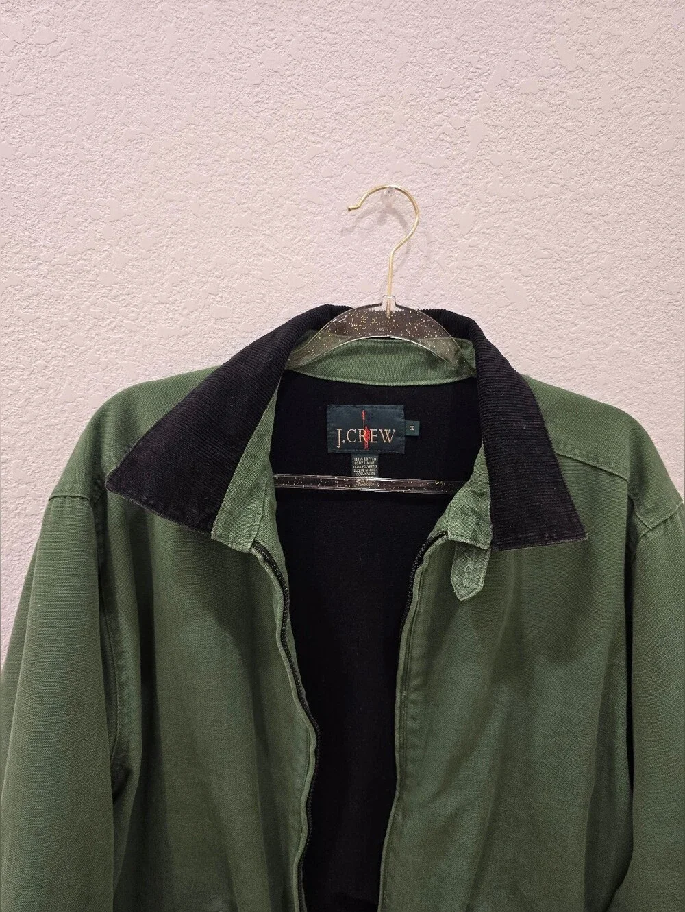 vintage green J.Crew 90's canvas work jacket with a black corduroy collar M
